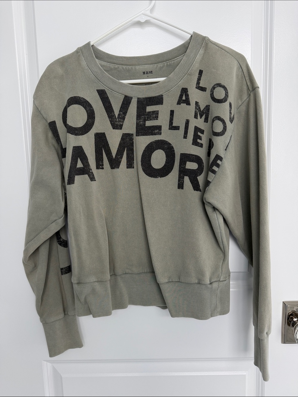 Maeve Olive Green 'Love Amore' Graphic Crewneck Sweatshirt